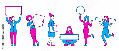 People holding blank signs for copy space design. Diverse women characters showing empty placards, banners and notice boards for marketing presentation and advertising announcements in flat line art s