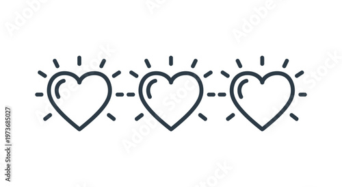 three glowing heart icons radiating positive emotion representing love feedback and health indicator for ui ux design.