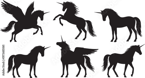 Unicorn and Pegasus Silhouettes Set, Mythical Horse Vector Icons