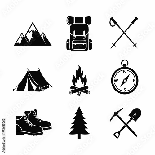 Collection of mountain adventure icons silhouettes of peaks, tent, campfire, hiking boots, pine tree, compass, trekking poles, and shovel for outdoor activities
