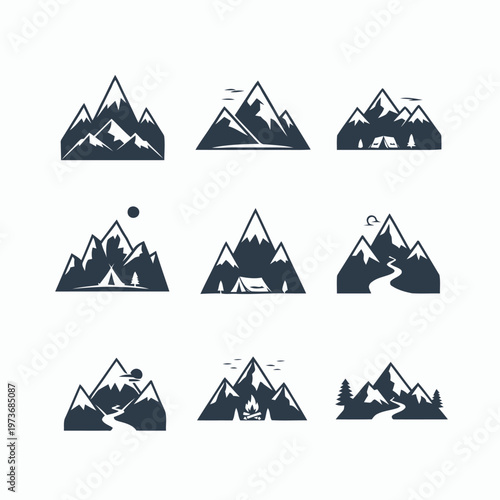 Versatile collection of nine distinct stylized mountain silhouette icon designs, perfect for outdoor adventure branding, nature tourism logos, and wilderness-themed graphic projects