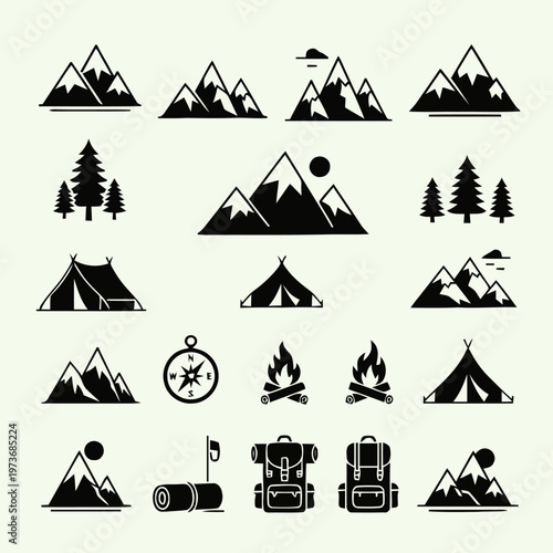 Set of Outdoor Adventure and Camping Icons Mountains, Tents, Backpacks, Campfires, and Navigation Tools