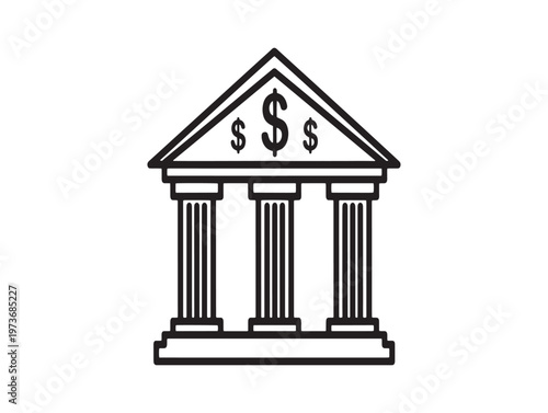 Black and white line art illustration of a classical bank building with dollar signs