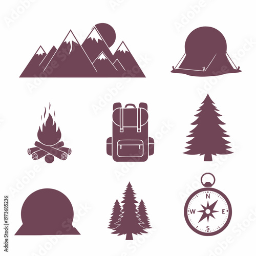 Iconography of Mountain Landscapes, Camping Gear, and Outdoor Activities for Adventure and Exploration