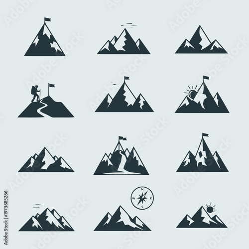 Curated collection of striking mountain silhouette icons, symbolizing journey, achievement, adventure, and overcoming challenges in the great outdoors