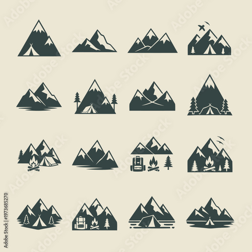 Diverse Collection of Stylized Mountain Range Silhouette Icons with Camping and Adventure Elements, Perfect for Outdoor Activities, Travel, and Nature-Themed Graphic Design Projects