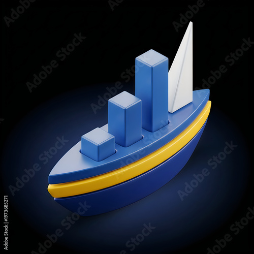 Blue cargo ship, 3D illustration, logistics icon, freight boat