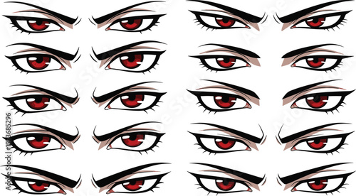 Collection of fierce red anime eyes with various angry expressions and sharp eyelashes isolated on white background vector illustration