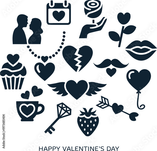 Romantic Valentine Love Icon Set with Hearts Couples Gifts Symbols and Relationship Elements for Holiday Design and Greeting Concepts