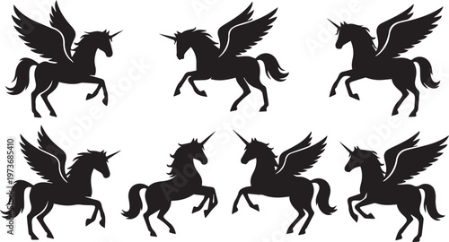 Flying Unicorn Pegasus Silhouette Icon Set