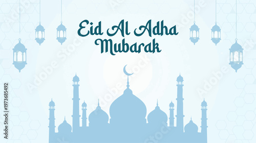 Eid Al Adha Mubarak greeting card with mosque silhouette and lanterns