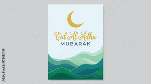 Eid Al Adha Mubarak greeting card design with golden crescent moon