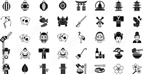 Comprehensive collection of black Japanese culture icons featuring samurai sumo geisha pagoda sushi bonsai and traditional oriental symbols vector