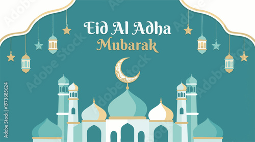 Flat design illustration for Eid Al Adha Mubarak with mosque and decorations