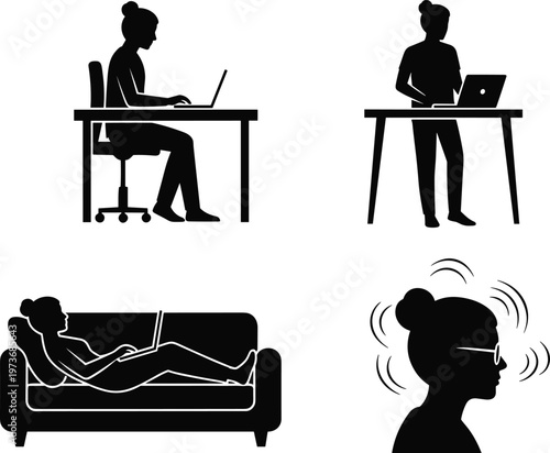 Black silhouettes of a woman working on a laptop while sitting at a desk standing and lying on a sofa vector
