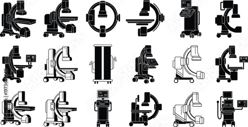 Medical imaging equipment set, X-ray CT scan MRI machines vector illustration, radiology devices collection, hospital diagnostic technology, healthcare machinery icons, black and white design