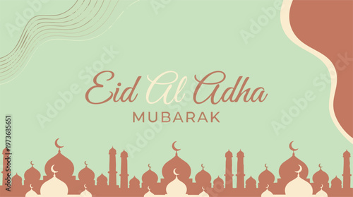 Eid Al Adha Mubarak greeting card with mosque silhouette and Islamic design