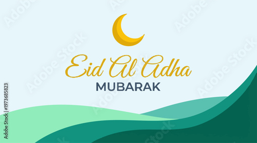 Eid Al Adha Mubarak greeting design with golden moon and green waves