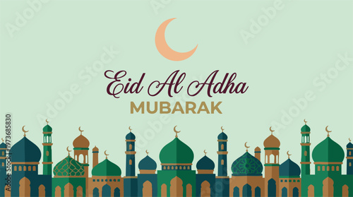 Eid Al Adha Mubarak greeting card with mosque skyline and crescent moon