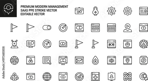 Premium modern SaaS management interface line icon set featuring dashboard controls settings monitoring system tools and digital platform