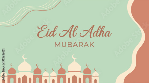 Eid Al Adha Mubarak greeting card with mosque silhouettes and abstract design