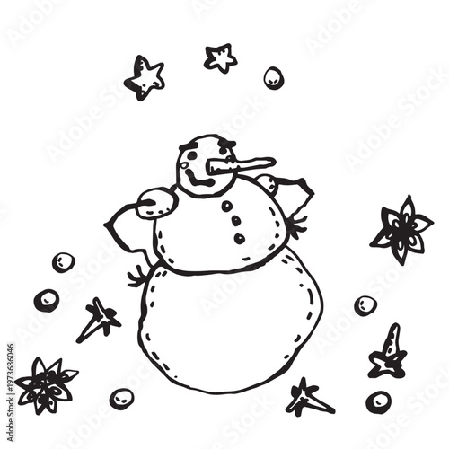 A contented black and white vector cartoon snowman