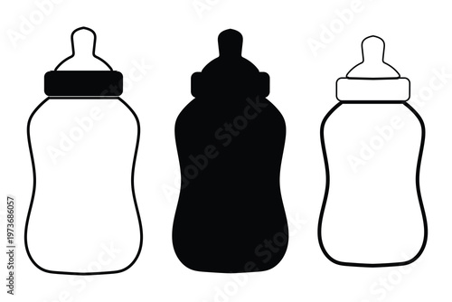 Minimalist baby bottle vector icons, black and white infant feeding bottle silhouettes, set of three nursery nursing bottle illustrations
