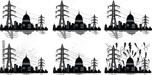Urban Power Grid Silhouette Set with City Skyline Transmission Towers Electricity Flow and Lightning Effects for Energy Infrastructure and Industrial Concept Designs