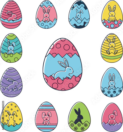 Colorful Easter Egg Collection with Cute Bunnies Hatching and Patterned Designs