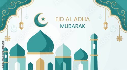 Eid al Adha Mubarak greeting card with mosque and Islamic decorations