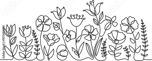 Black and white line of various flowers and plants