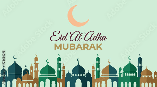 Eid Al Adha Mubarak greeting card with crescent moon and mosque silhouettes