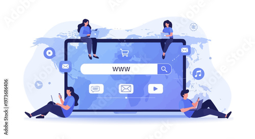 People interacting with a large smartphone surrounded by icons on a webpage