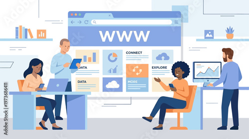 People work collaboratively on computers in a modern office setting daily.