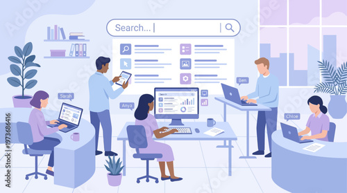 People working on computers in office environment with coworkers