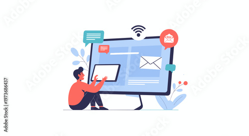 A person interacts with a large computer monitor displaying an email inbox with notifications.