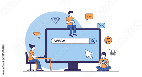 People interacting with a large computer screen displaying a search bar and various online icons