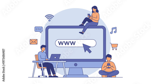 People interact with a large computer surrounded by symbols