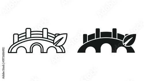 Contrast between a white outline and a filled bridge icon with leaf accents