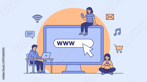 People interact with a large computer screen displaying the internet at an office.