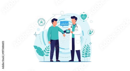 Doctor checks patient's vital signs with smart device, futuristic healthcare concept