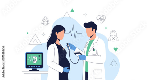 Doctor checks pregnant woman's belly with ultrasound device, medical checkup, healthcare concept