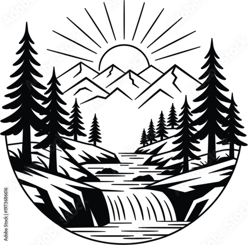 Black and white line of mountains forest and waterfall with sun