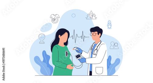 Doctor checks pregnant woman's blood pressure during prenatal checkup with heartbeat monitor