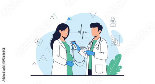 Doctor checks pregnant woman's health with medical device, heartbeat monitor