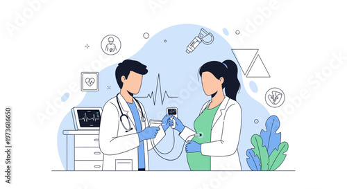 Doctor checks pregnant woman's health with medical equipment, pregnancy care concept