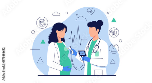 Doctor checks pregnant woman's health with ultrasound, symbolizing prenatal care and medical examination