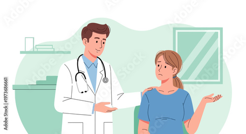 Doctor comforting patient in clinic, healthcare consultation, empathy, support, medical care
