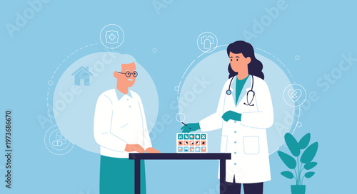 Doctor consulting elderly patient about treatment plan on calendar, healthcare concept