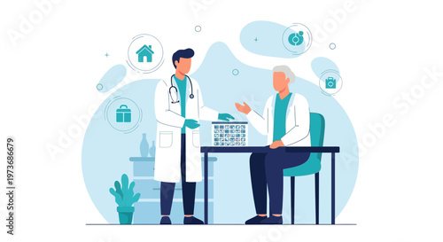 Doctor consulting elderly patient at desk, discussing medical chart, healthcare concept